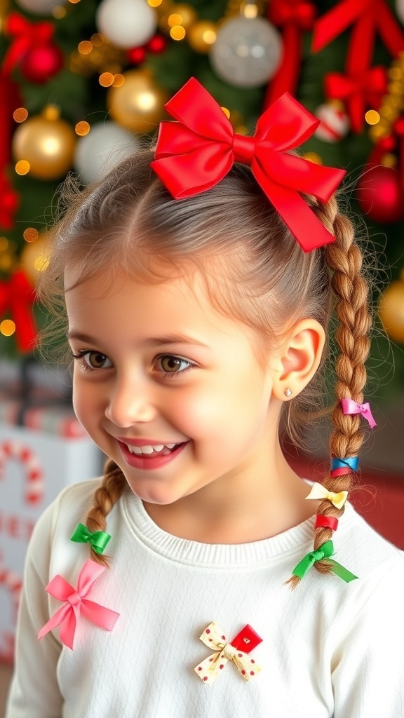 A child with festive hairstyles adorned with ribbons, surrounded by Christmas decorations.